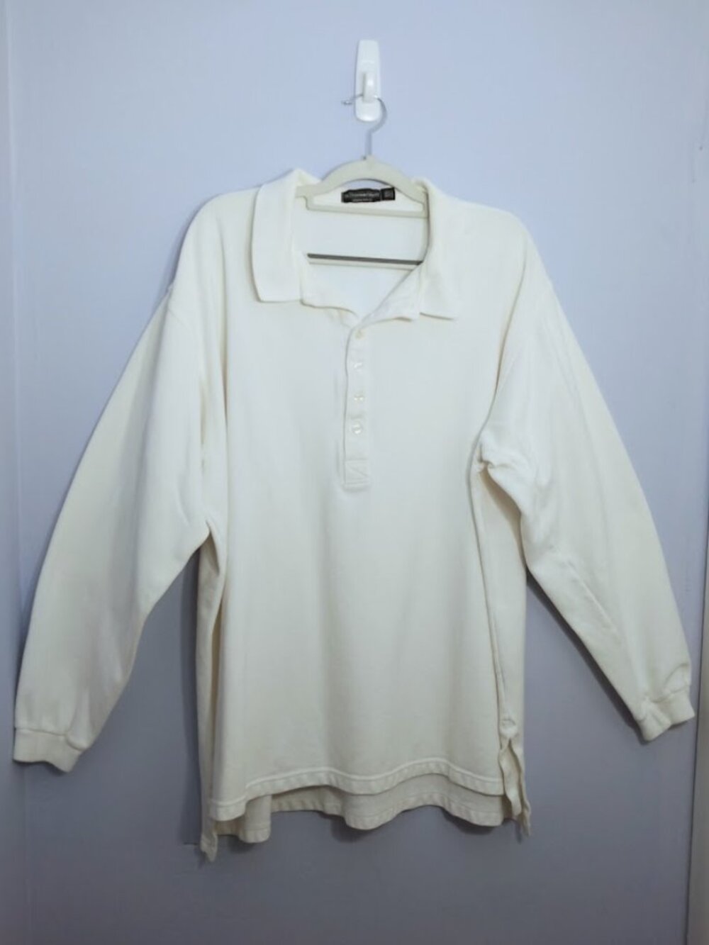 J. Peterman Co. Men's XXL Henley Shirt Cotton Long Sleeve White Polo Collar FLAW